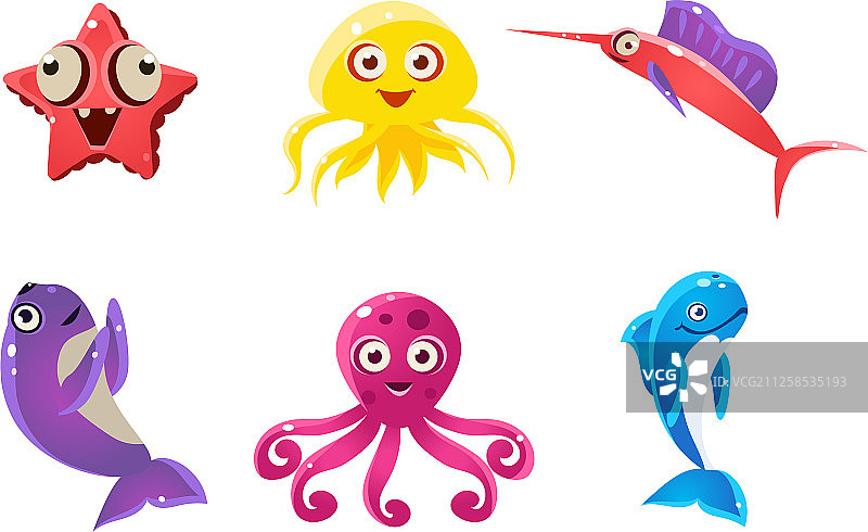 扁平风格趣味海洋动物合集图片素材