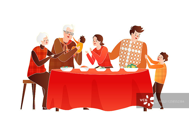 2020年新年年俗春节年夜饭团圆饭家人卡通中国风矢量背景插画图片素材