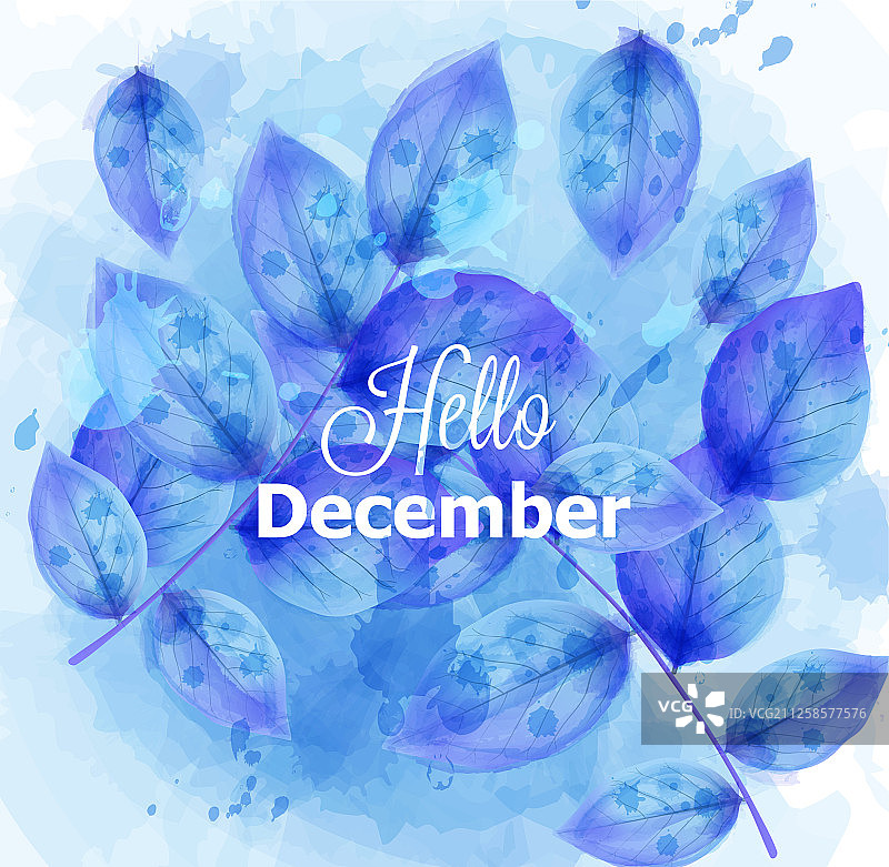 你好十二月蓝色叶子卡片图片素材