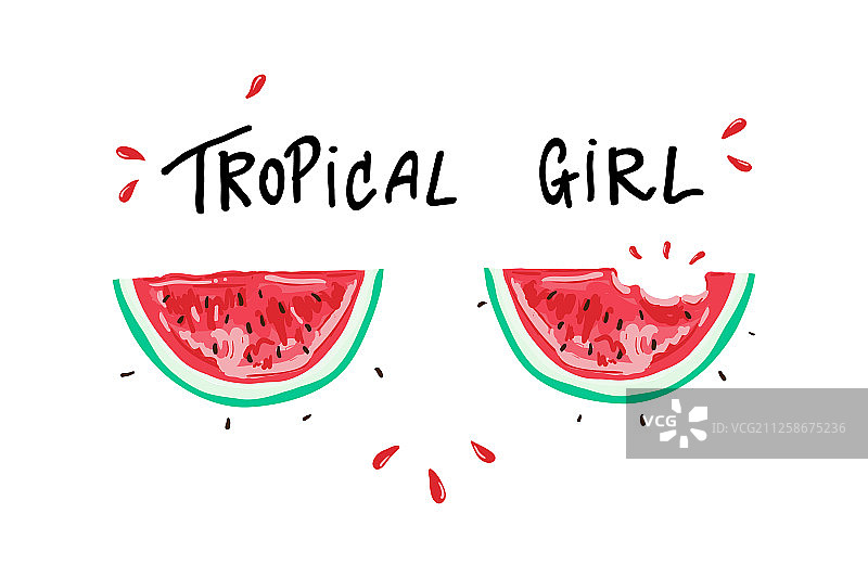 热带风情女孩西瓜T恤图案图片素材