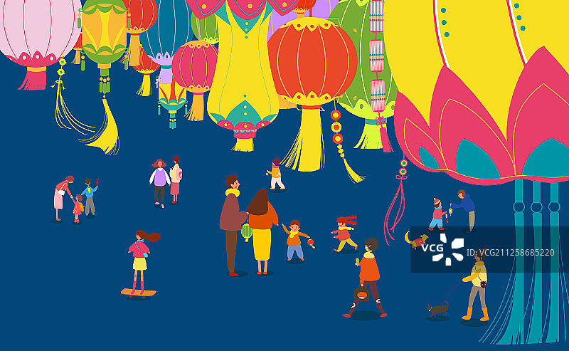五颜六色的灯笼和热闹的人群 热闹的多人公共场所 矢量插画图片素材