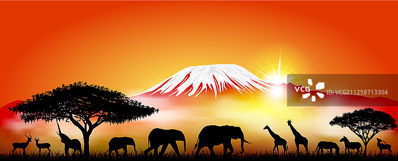 以山脉为背景的热带草原动物图片素材