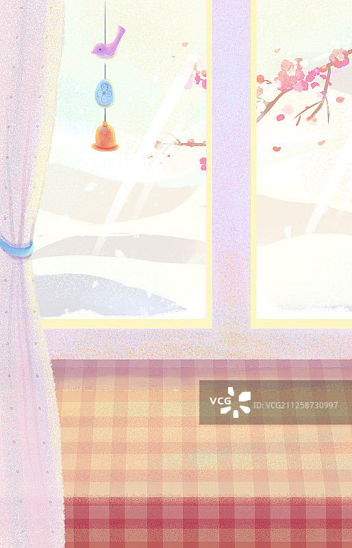 冬天室内阳台飘窗温馨飘雪梅花场景背景图片素材