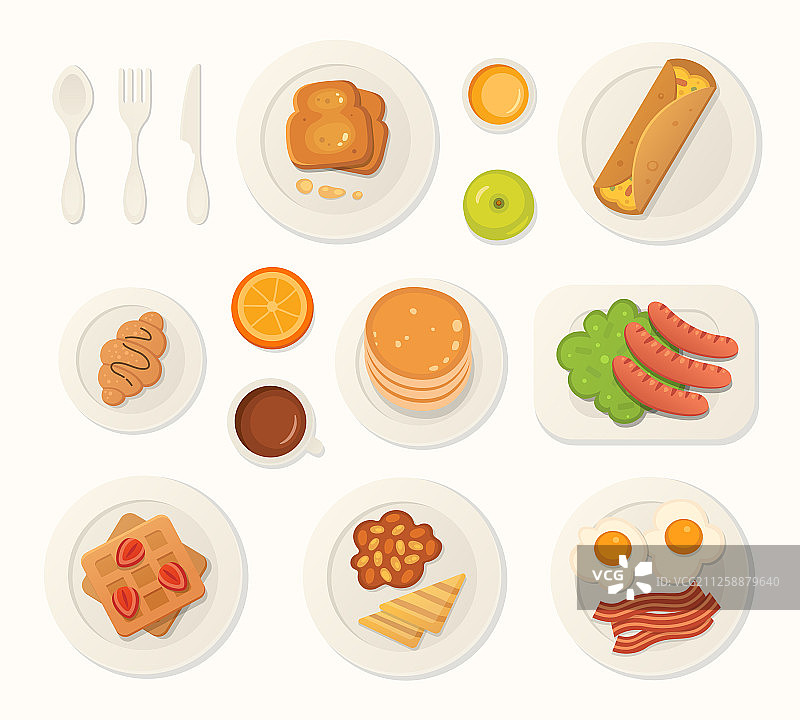 新鲜食物和饮品早餐顶视图图片素材