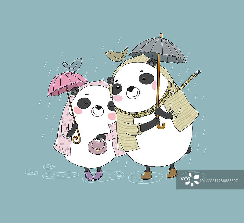 可爱卡通熊猫秋季主题手绘图片素材