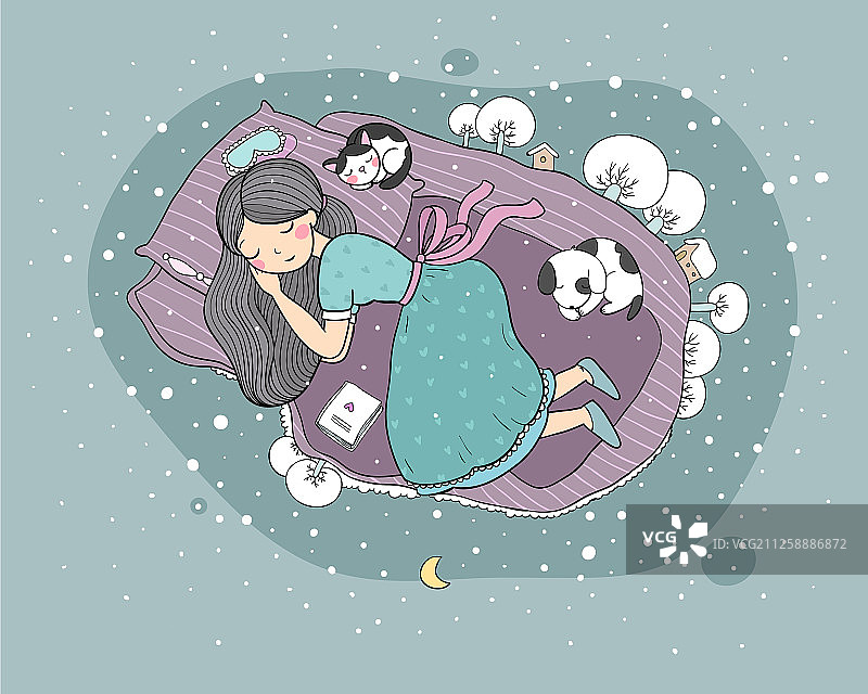 女孩、猫和狗在床上睡觉晚安图片素材