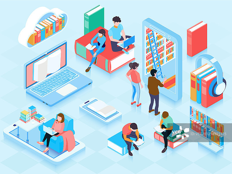 在线图书馆2.5D元素组合图片素材