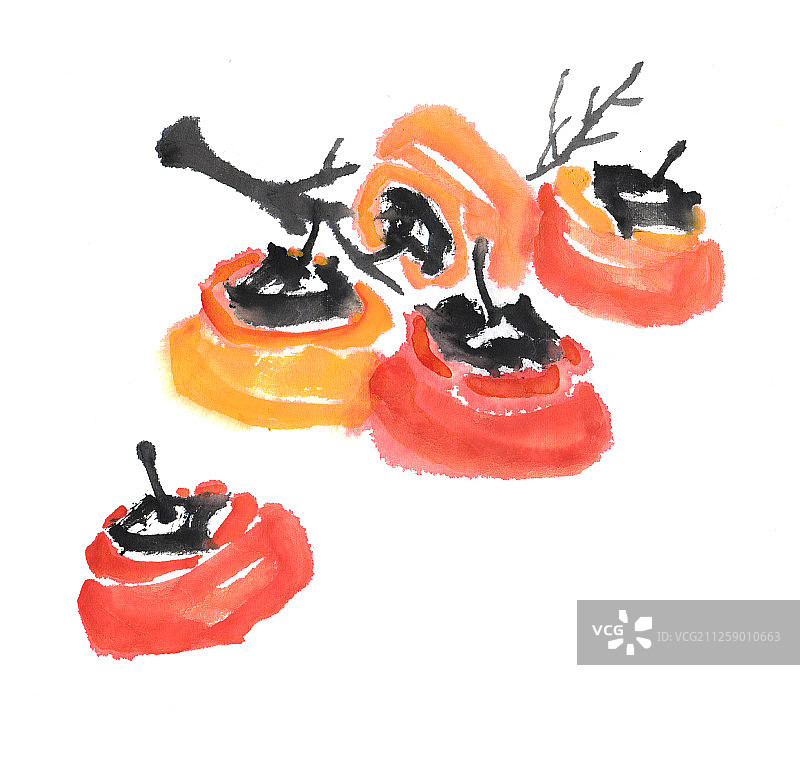 中国画水墨插画-柿子图片素材