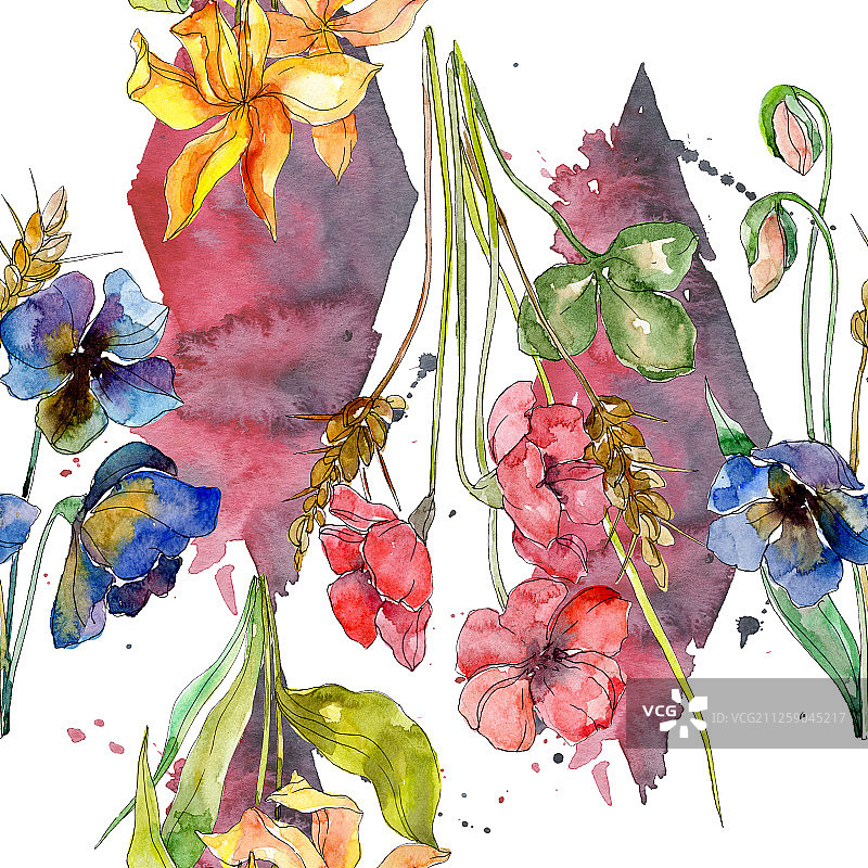 奢华时尚野花印花图案，水彩植物花卉插图，无缝背景图案图片素材