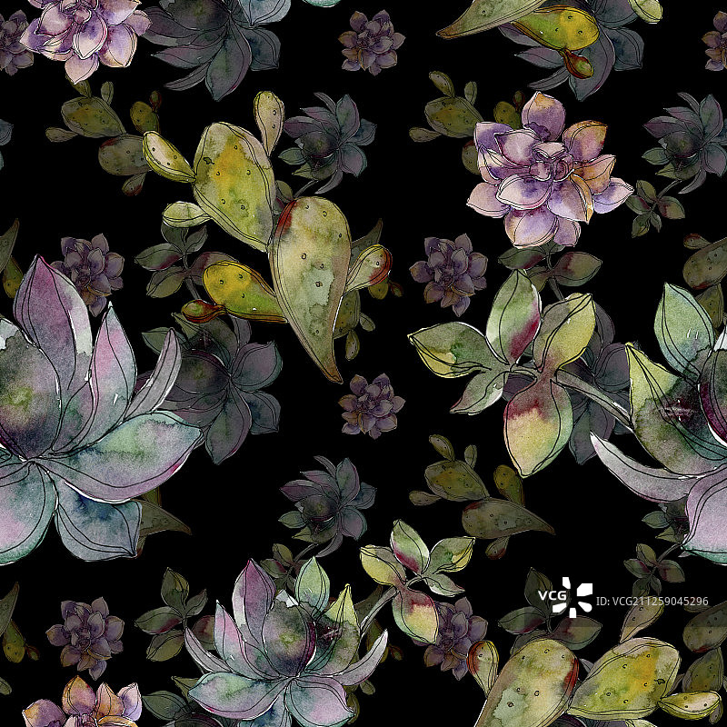 丛林植物多肉花卉水彩背景插画无缝图案图片素材