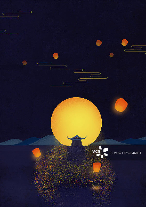 月光照亮的湖面上冉冉升起的孔明灯图片素材