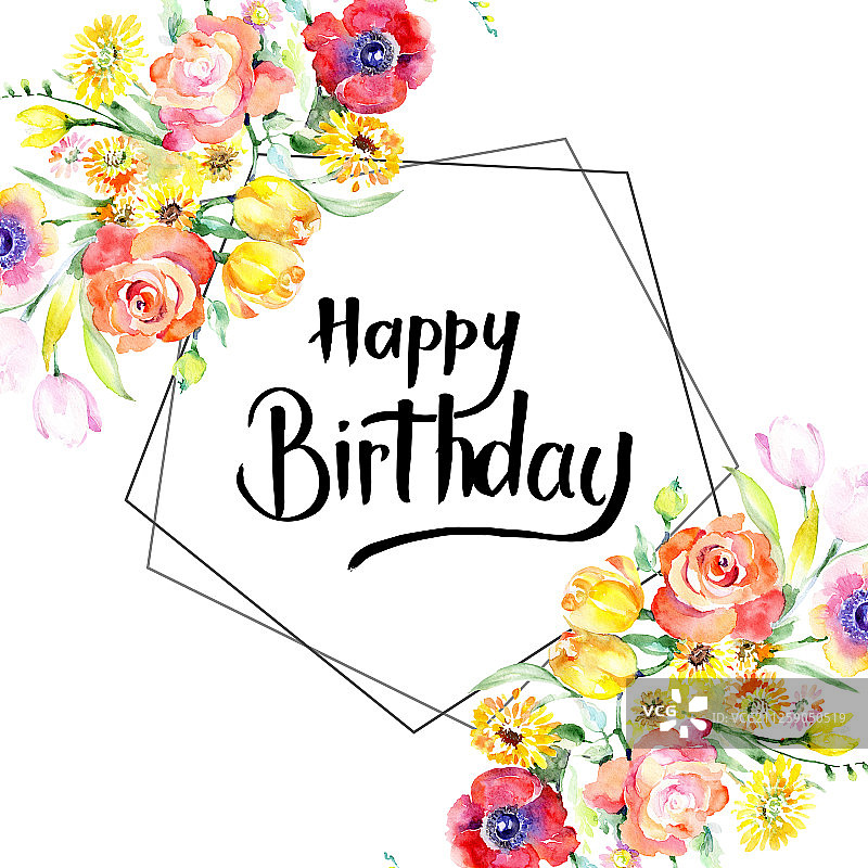 红黄色花卉植物水彩花束边框图片素材