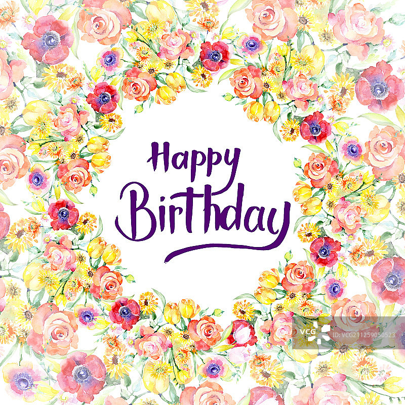 红黄色花卉植物水彩花束边框图片素材