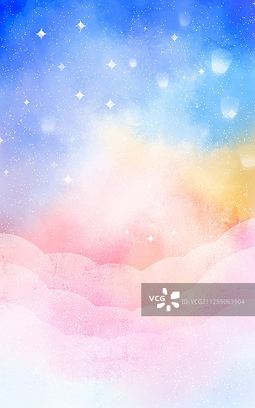 蓝色天空浪漫幻想风格背景 手绘插画图片素材