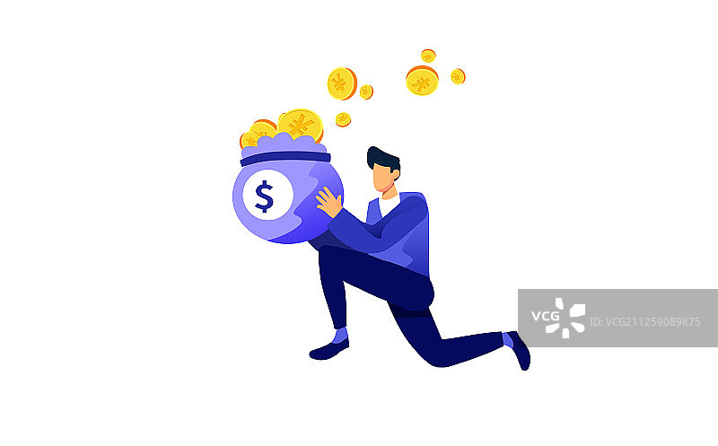 卡通手绘男人手持金币财富赚钱网络经济上涨插画图片素材