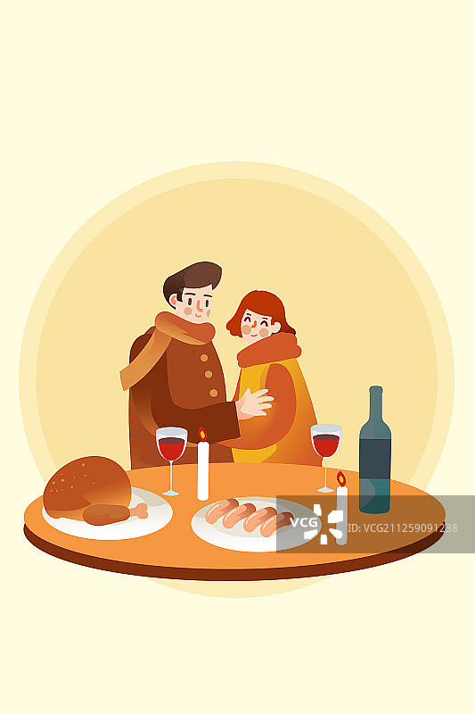 卡通手绘感恩节情人节吃火鸡烛光晚餐创意卡通插画图片素材