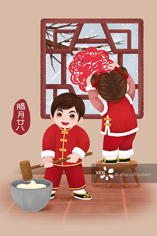 中国过年习俗系列—腊月二十八打年糕贴窗花图片素材