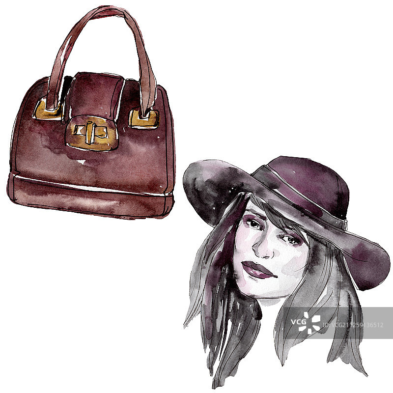 戴帽子和手提包的女人的水彩风格速写魅力插画元素，水彩背景套装图片素材