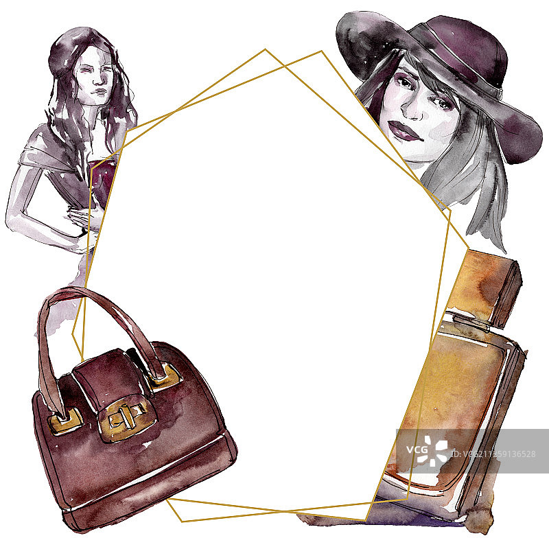时尚的素描在水彩风格的元素。水彩背景插图集。边框装饰方形。图片素材
