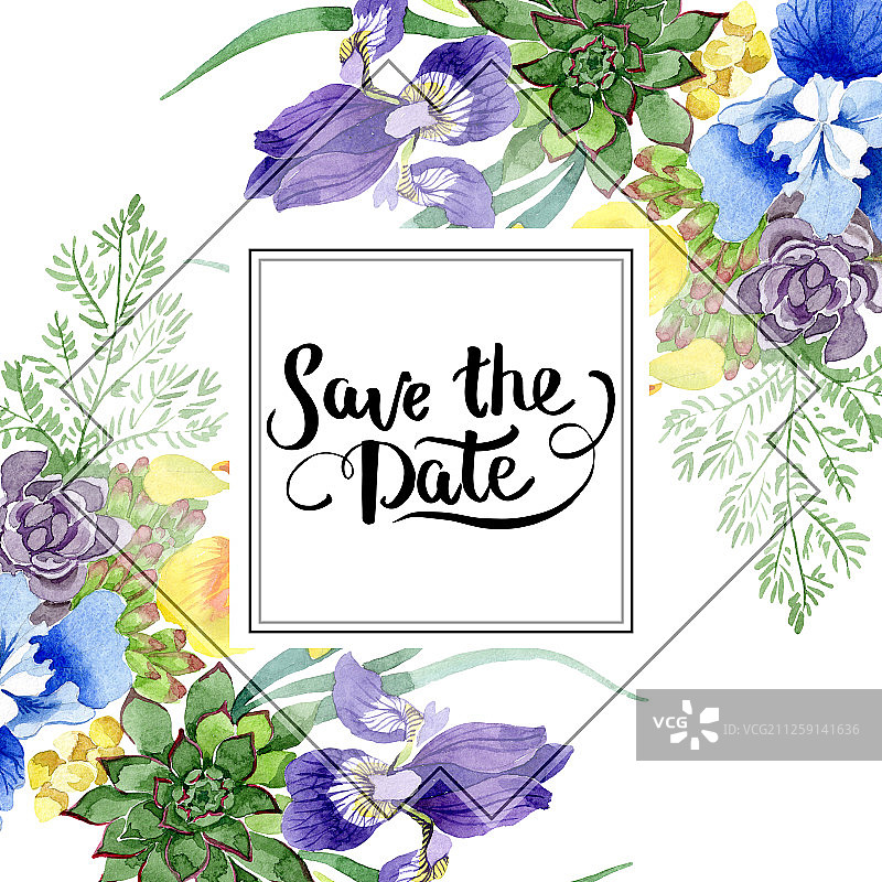 蓝色鸢尾花水彩花卉背景边框图片素材