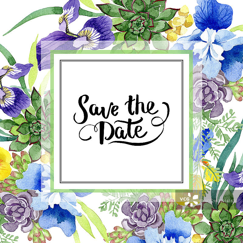 蓝色鸢尾花水彩花卉背景边框图片素材