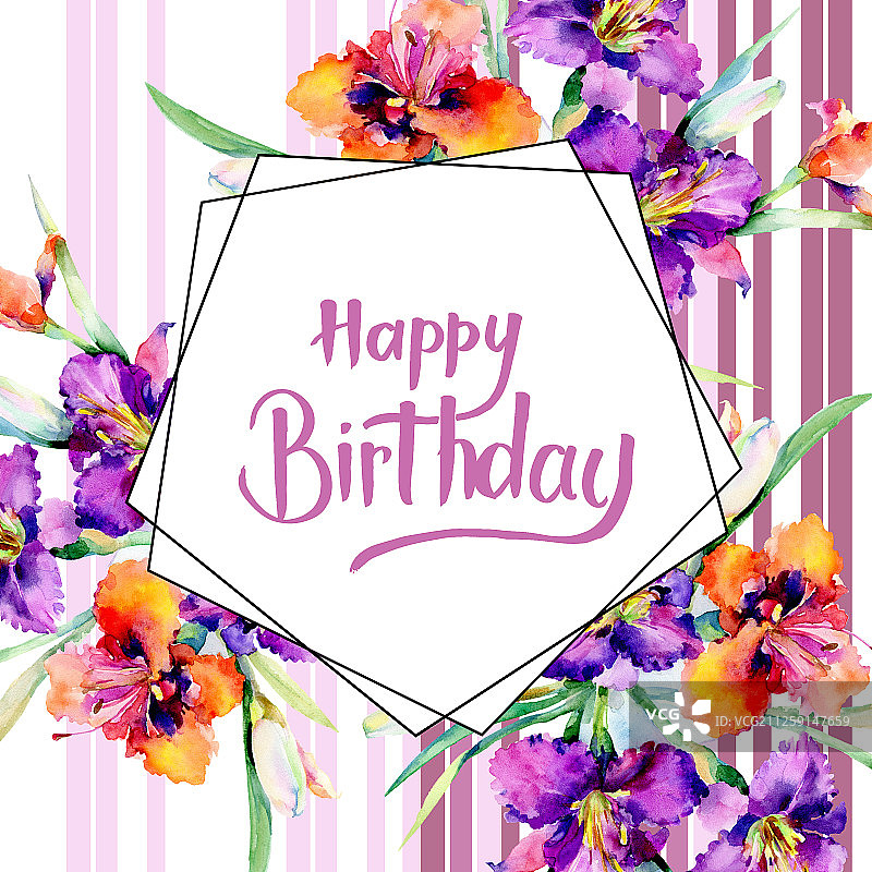 紫色萱草花束水彩背景边框图片素材