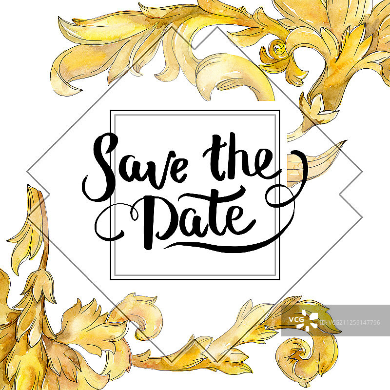 金色花押字花卉装饰水彩背景边框图片素材