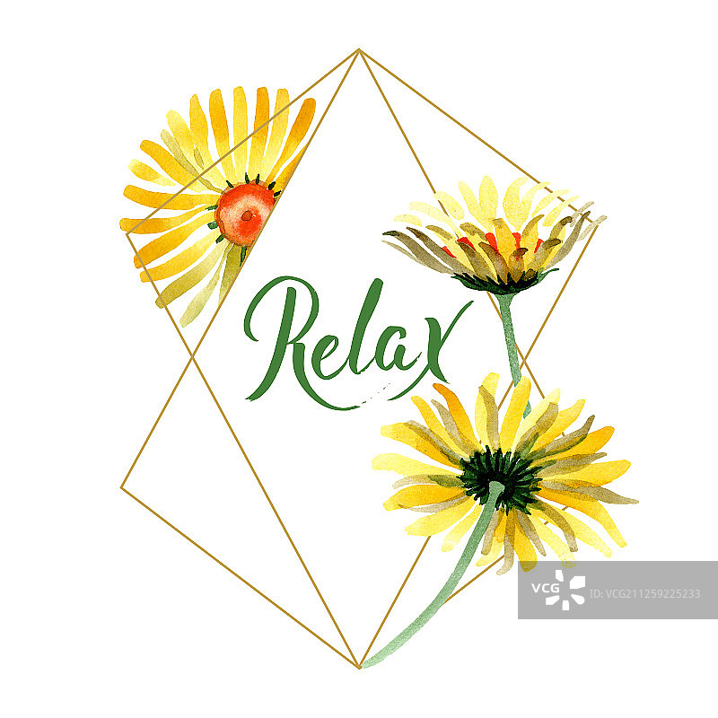 黄色雏菊水彩花卉背景，含边框水晶装饰方块图片素材