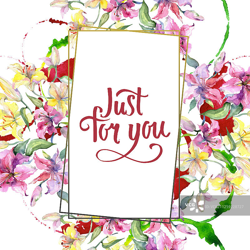 黄色和紫色百合花水彩背景，方形水晶装饰边框图片素材