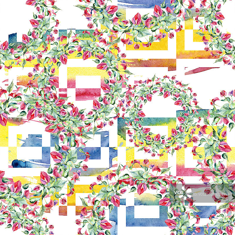 粉色白鹤芋植物花卉。水彩背景插图集。无缝背景图案图片素材