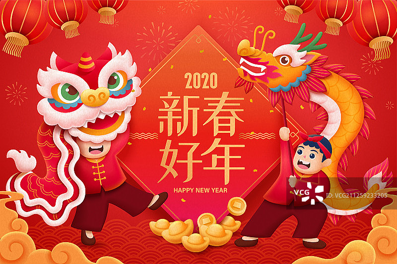 舞龙舞狮喜庆插图与灯笼祥云元素图片素材