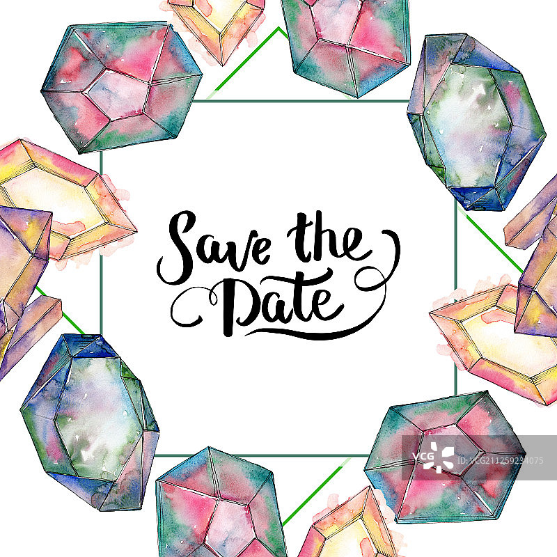 彩色钻石珠宝矿物，水彩水晶石背景图，边框装饰图片素材
