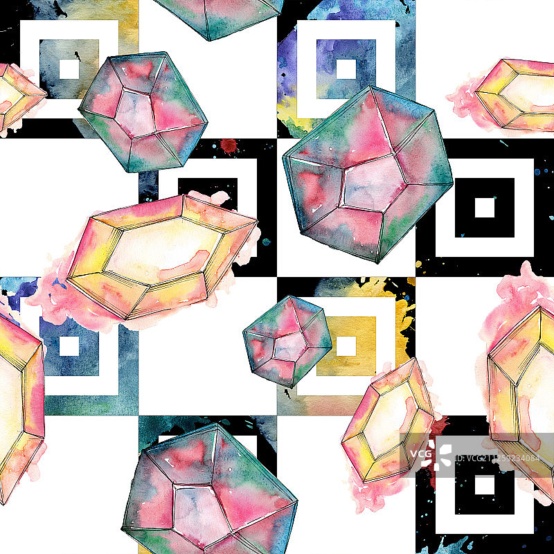 彩色钻石石矿物首饰。水彩水晶石背景设置。无缝的背景图案。图片素材