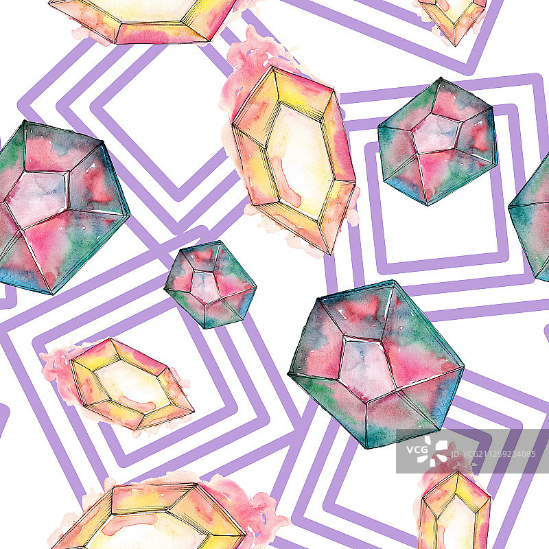 彩色钻石石矿物首饰。水彩水晶石背景设置。无缝的背景图案。图片素材