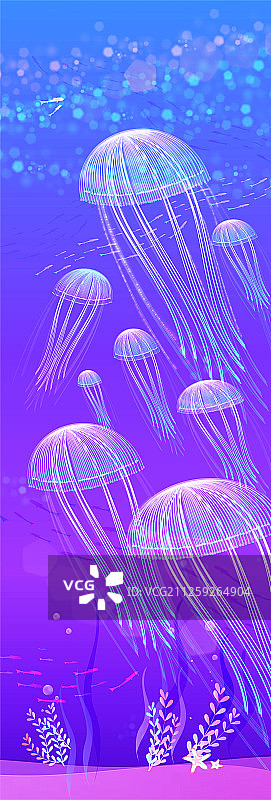 深海里一群发光的水母在游动插画背景图片素材