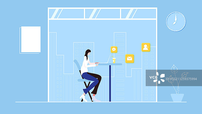 坐在有飘窗的房间的办公桌前 使用电脑办公聊天的加班的白领矢量图片素材