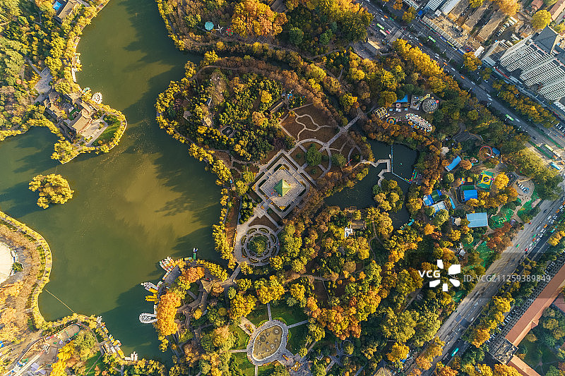 西安兴庆宫公园秋景航拍图片素材