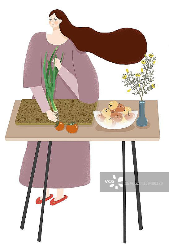 手拿大葱准备做饭的女人图片素材