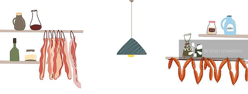 厨房柜子上的调料瓶与挂着的腊肉图片素材