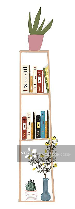 书架上的书与绿植图片素材