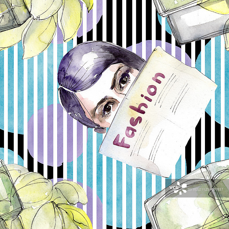 时尚素描在水彩风格孤立元素。水彩画插图集。无缝的背景图案。图片素材