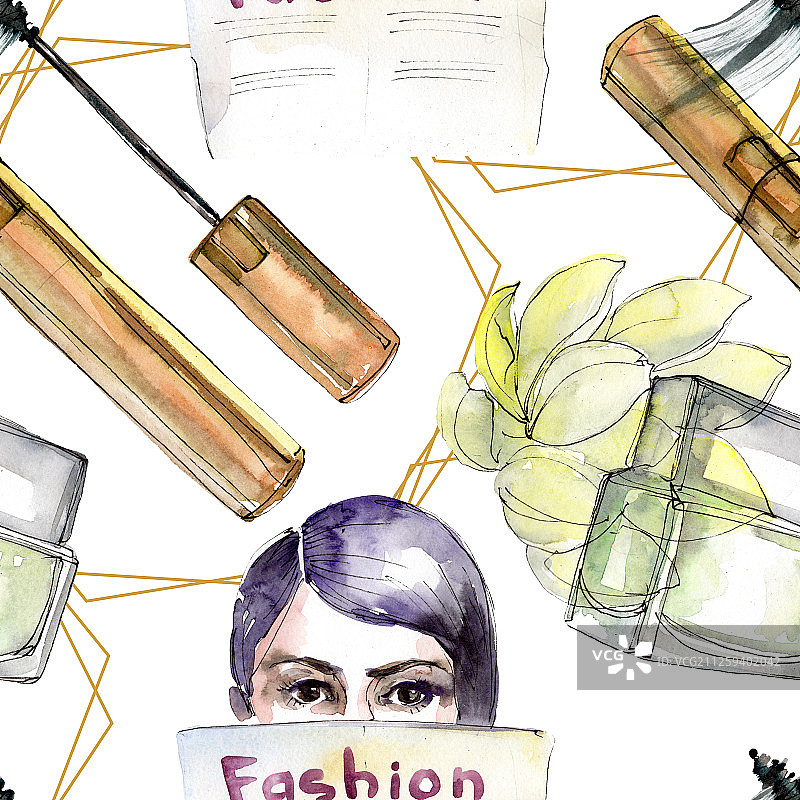 时尚素描在水彩风格孤立元素。水彩画插图集。无缝的背景图案。图片素材