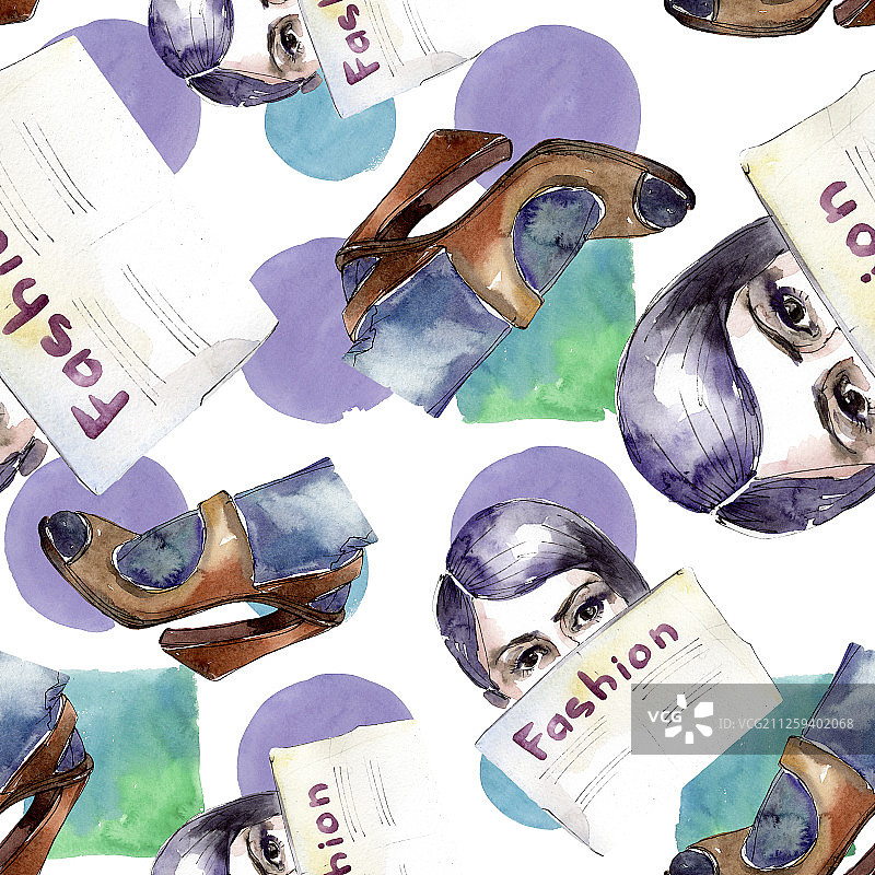 时尚素描在水彩风格孤立元素。水彩画插图集。无缝的背景图案。图片素材