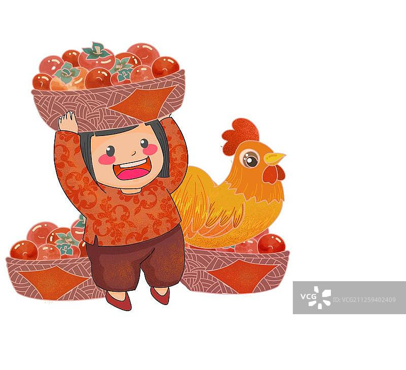 头顶丰收柿子的小女孩和金色大公鸡插画图片素材