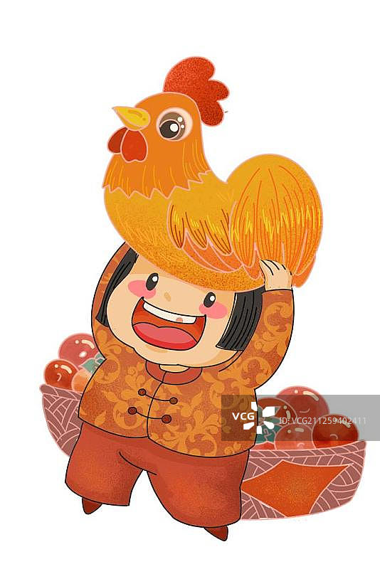 头顶大公鸡的小女孩和丰收柿子插画图片素材