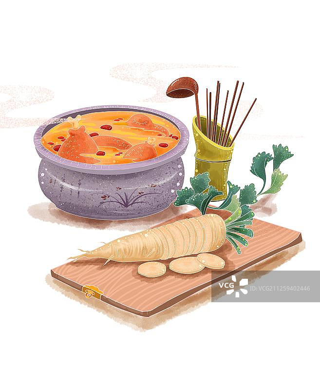 冬日滋补老鸭汤和大白萝卜插画图片素材