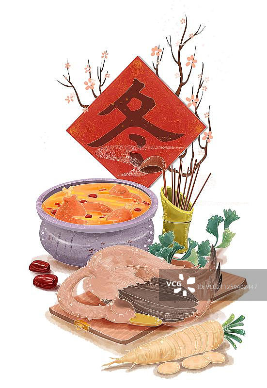 红色冬字和冬日滋补老鸭汤和大白萝卜插画图片素材