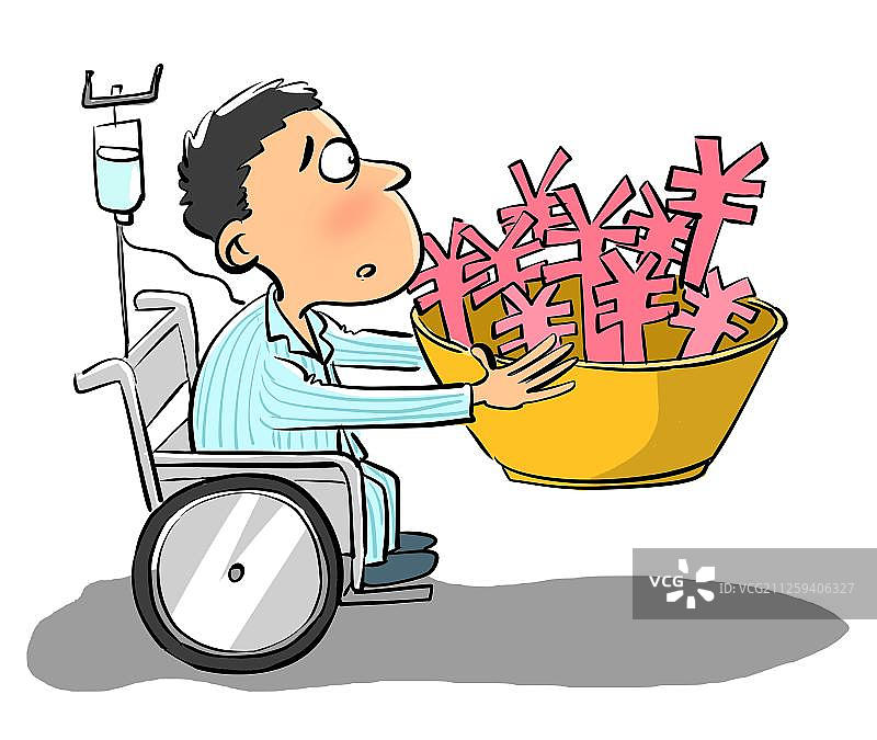 坐在轮椅上捧着钱的病人图片素材