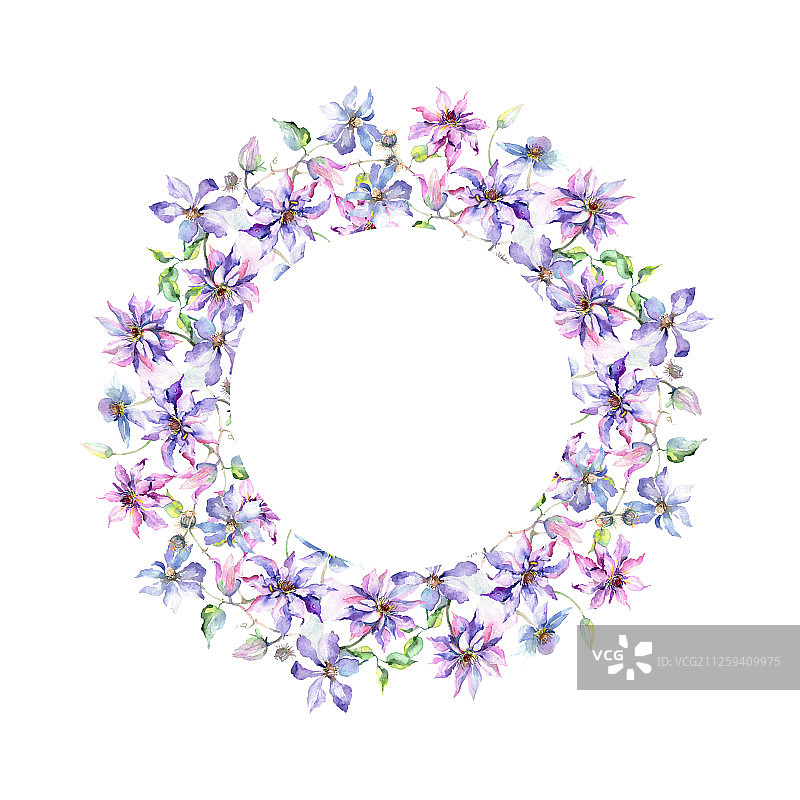 蓝色紫罗兰铁线莲花束水彩背景边框装饰方块图片素材