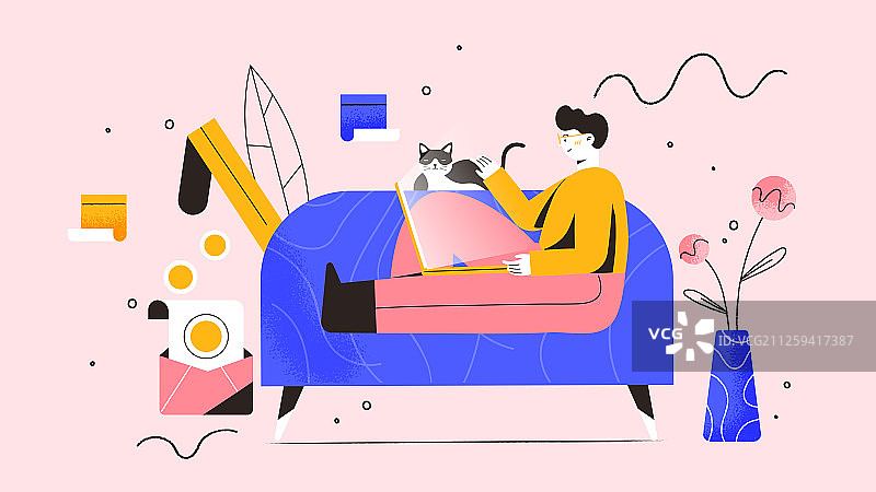 自由职业工作撸猫办公生活方式扁平矢量插画图片素材
